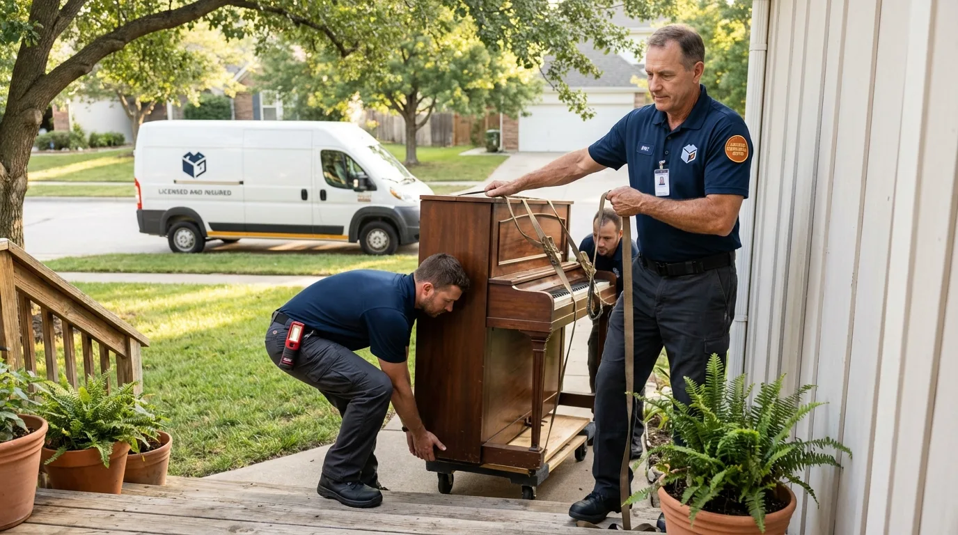 Licensed piano movers securing grand piano in Moundville, AL