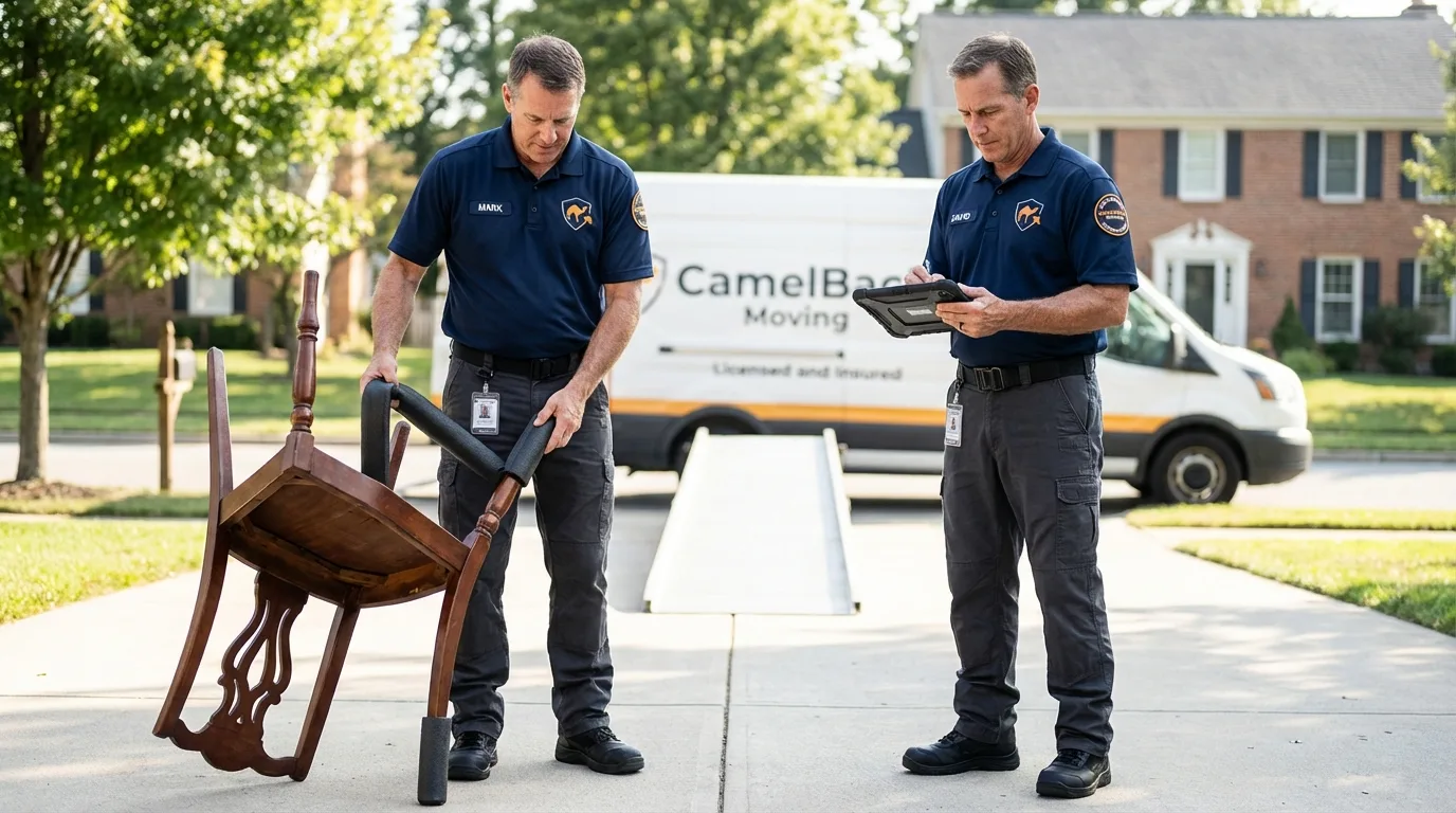 Movers inspecting furniture for damage prevention before loading in Moundville, AL