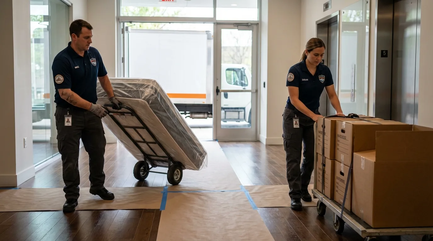 Professional apartment movers loading elevator in Moundville, AL